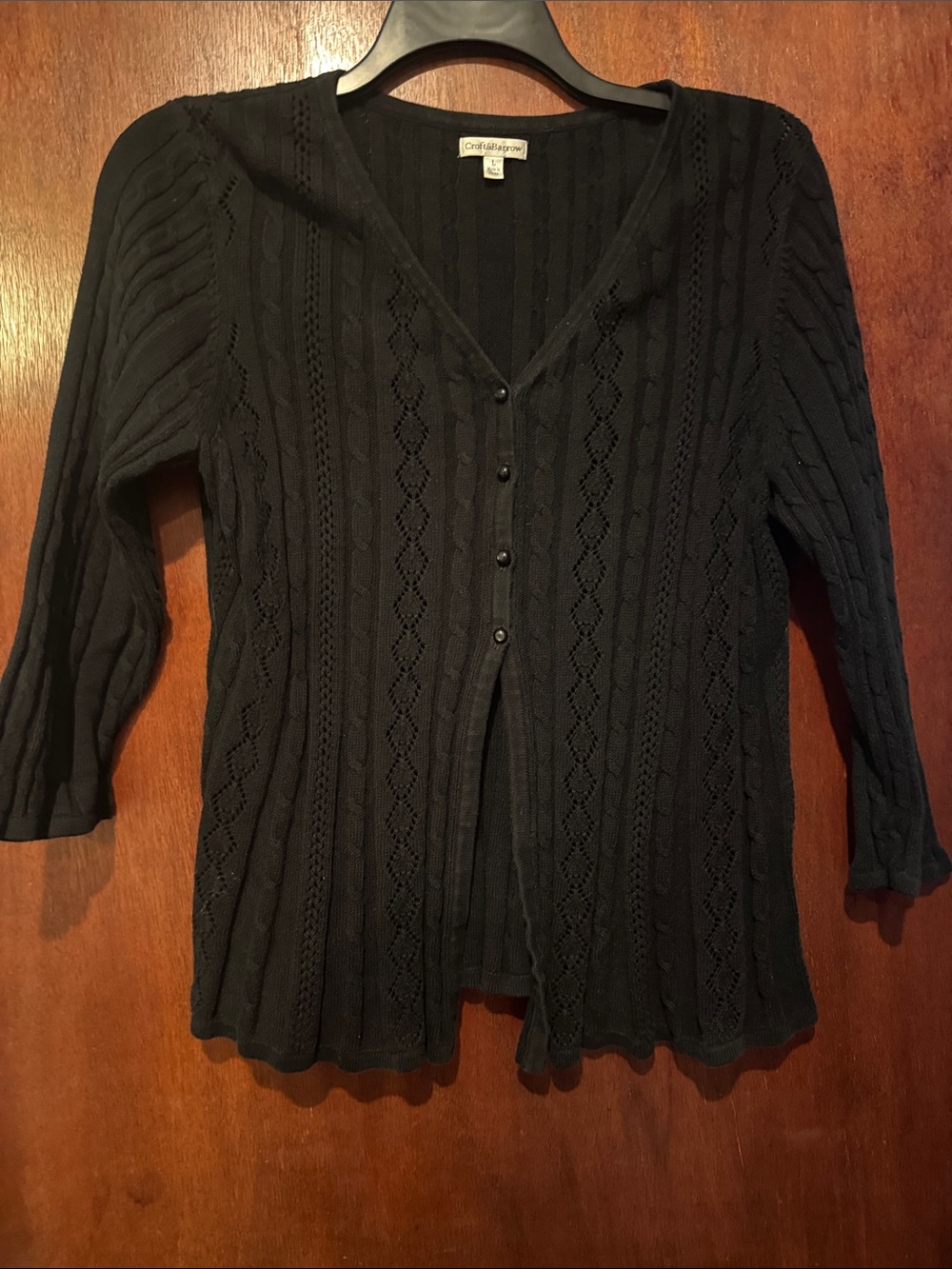 Coldwater Creek Black Openwork Knit Button Cardigan